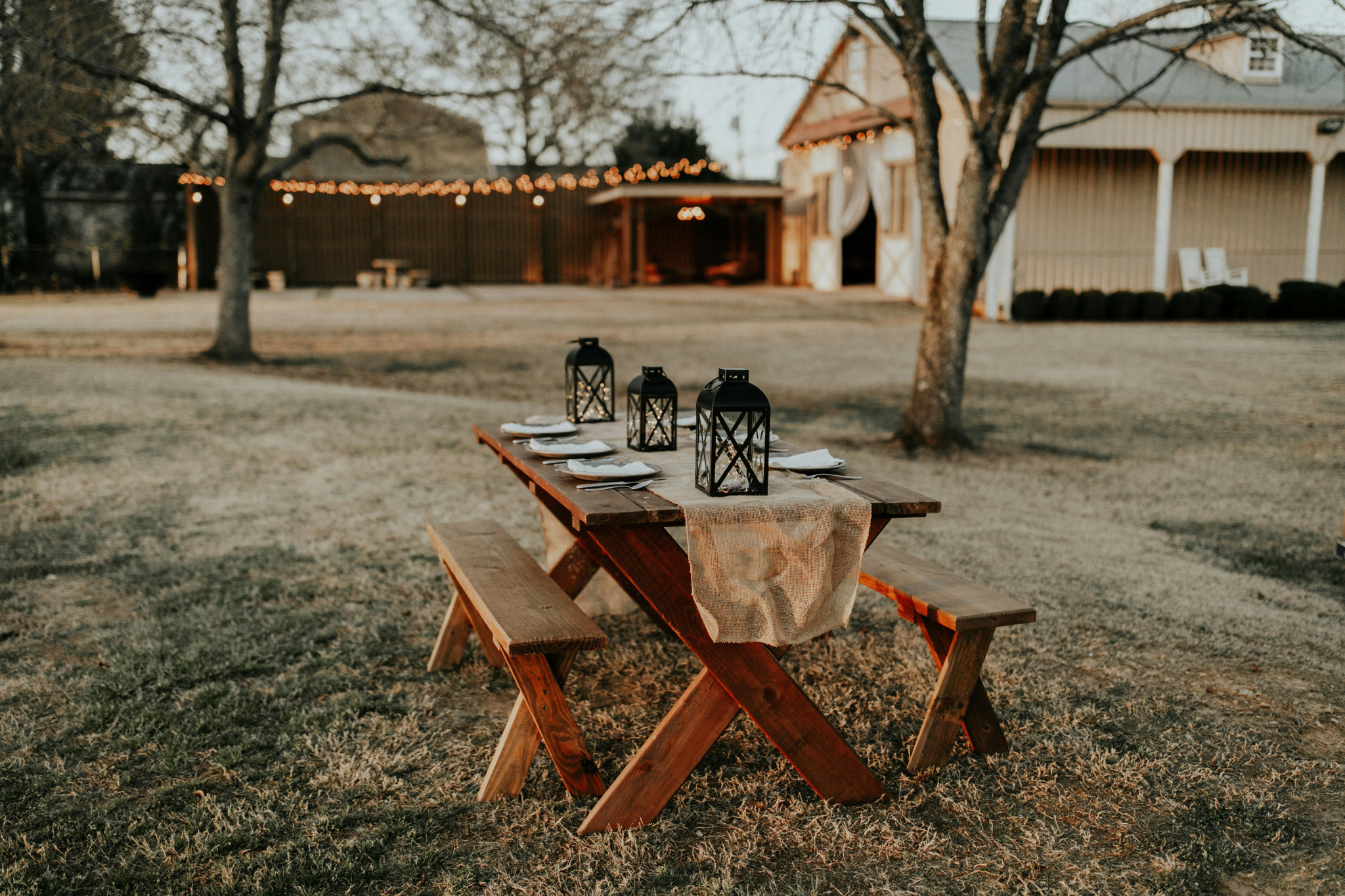 A Picknic table that has been set and is ready to dine and has lanterns placed on it which is located in a persons backyard